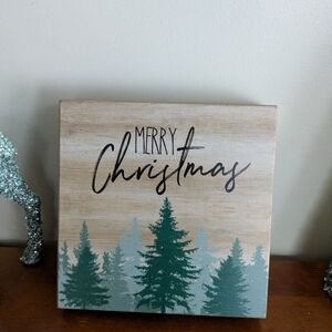 Festive Merry Christmas Wooden Sign with Green Trees